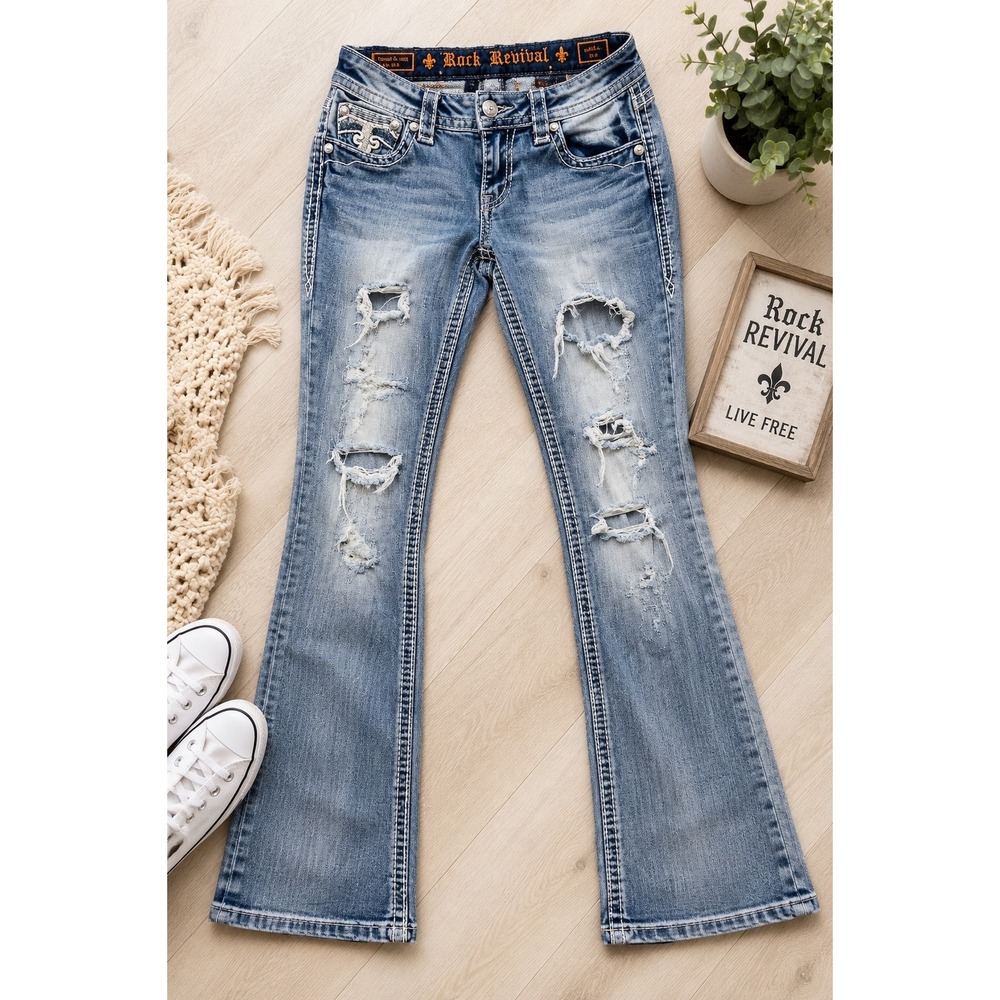 Rock Revival Jacklyn Jeans 29 Womens Distressed Bootcut Fleur De Lis 33" Inseam